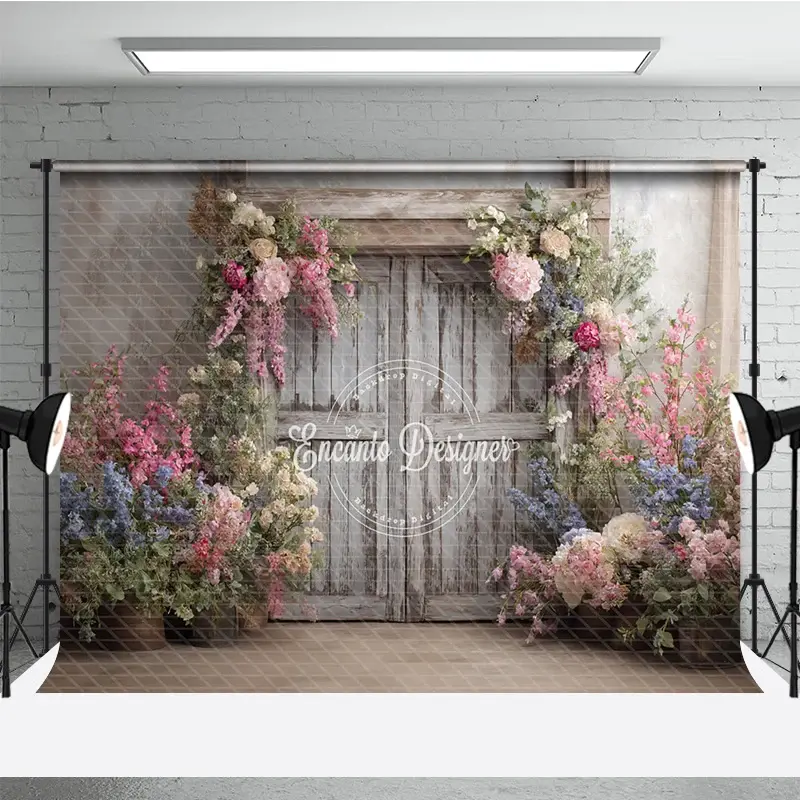 Aperturee Rustic Floral Wedding Backdrop, White Barn Door Photo Background, Pink and Blue Flowers for Bridal Shower Decor Studio
