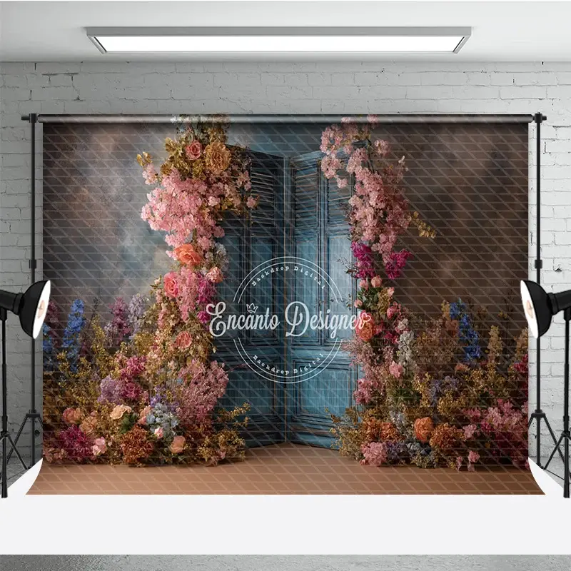 Aperturee Floral Wedding Backdrop, Blue Louvered Door Photo Background, Pink Rose Flower Wall for Bridal Shower Photography Studio