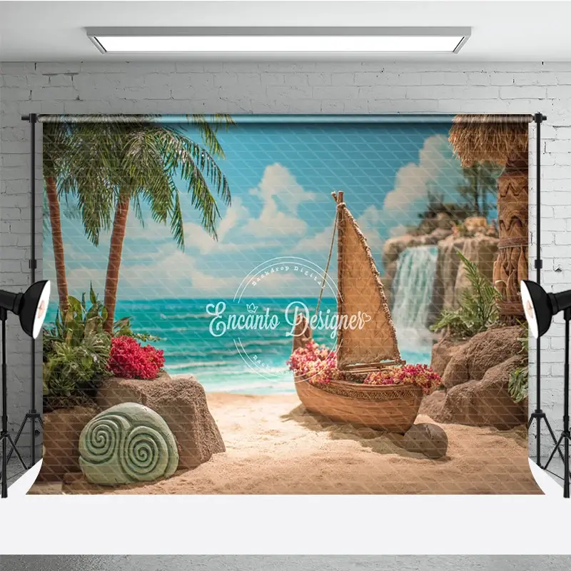 Aperturee Island Beach Backdrop, Tropical Voyager Boat Photo Background, Ocean Palm Trees Waterfall Party Props for Summer Luau