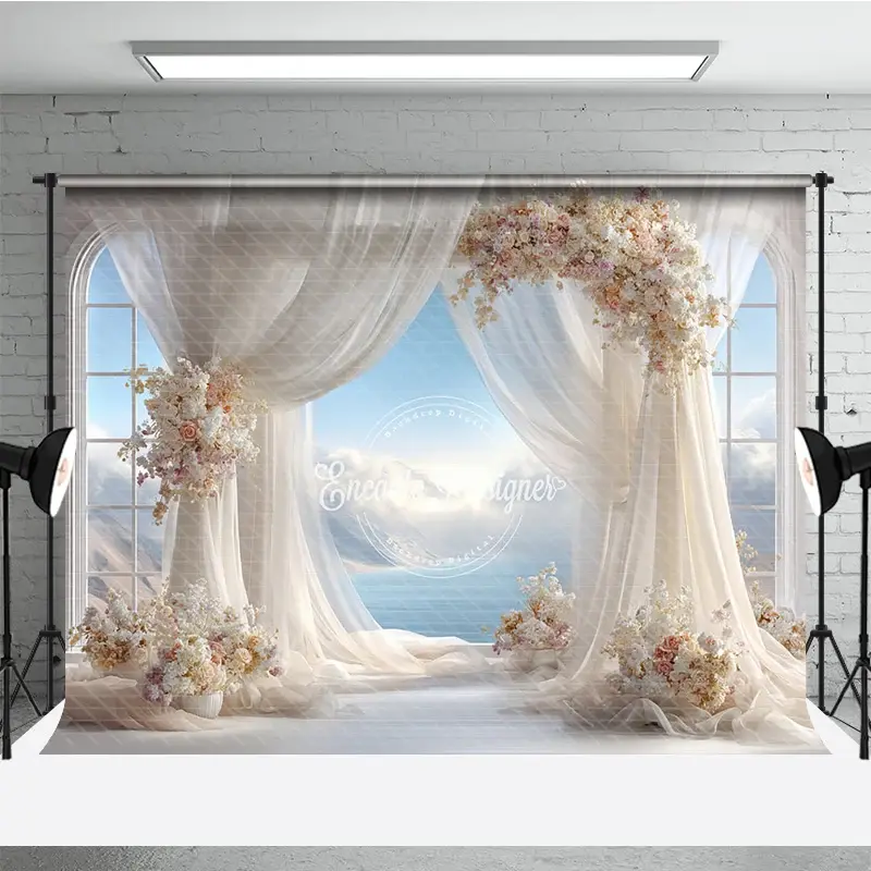 Aperturee Romantic Wedding Arch Backdrop, Window View with Ocean Sky, Sheer Curtains and Floral Decor for Bridal Shower