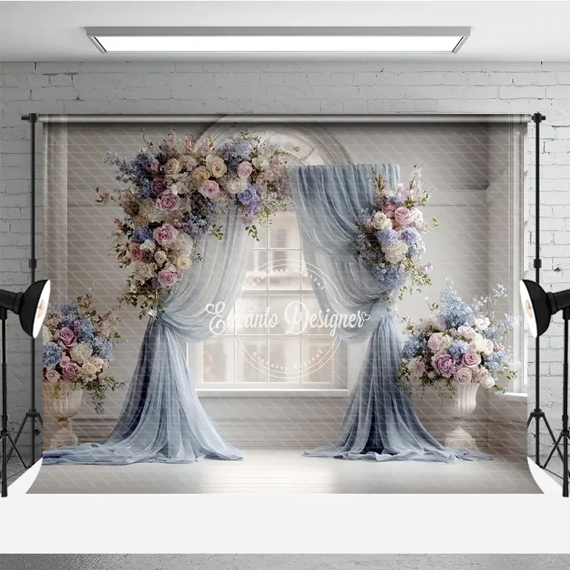 Aperturee Elegant Wedding Backdrop, Arch Window with Dusty Blue Drapes, Pink Rose and Hydrangea Floral Arrangements