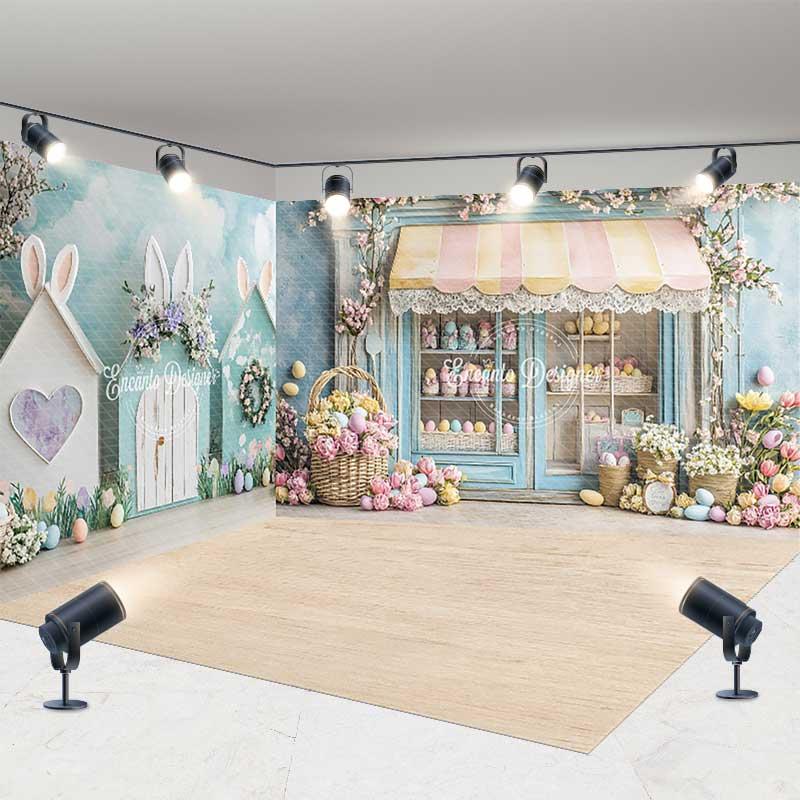 Aperturee Easter Bunny House Room Set Backdrop, 3-Wall Studio Setup Spring Themed Background