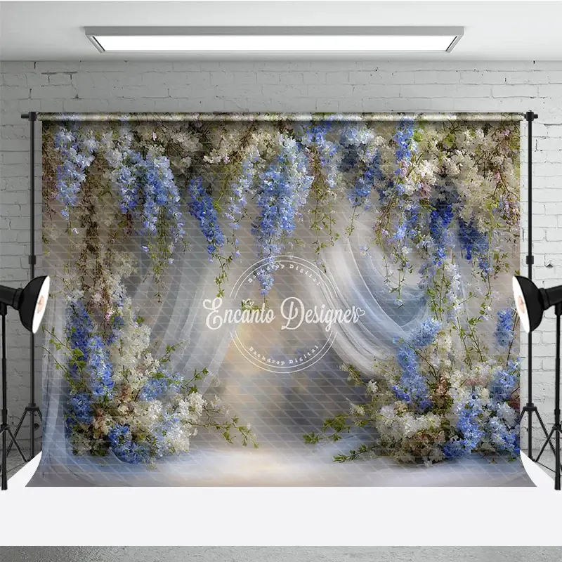 Aperturee Blue and White Wisteria Floral Backdrop, Sheer Curtains Wedding Background, Elegant Bridal Shower Photo Props