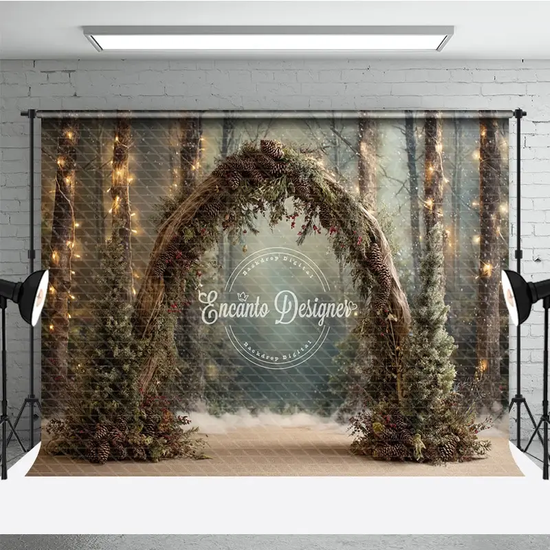 Aperturee Winter Wedding Arch Backdrop, Round Pinecone Arch with String Lights, Enchanted Forest Holiday Photo Prop