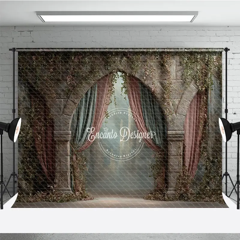 Aperturee Retro Wall Backdrop, Stone Archway with Pink Drapes, Vintage Castle Photography Background Prop with Vines