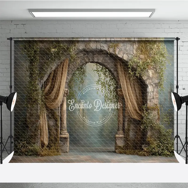 Aperturee Retro Wall Backdrop, Stone Archway with Gold Drapes, Vintage Castle Photography Background Prop with Vines