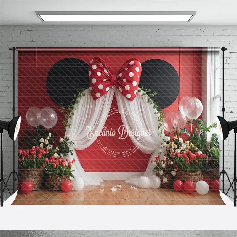 Aperturee Red Mouse Ears Birthday Backdrop, Polka Dot Bow Arch Banner, Girl First Birthday Cake Smash Photo Props