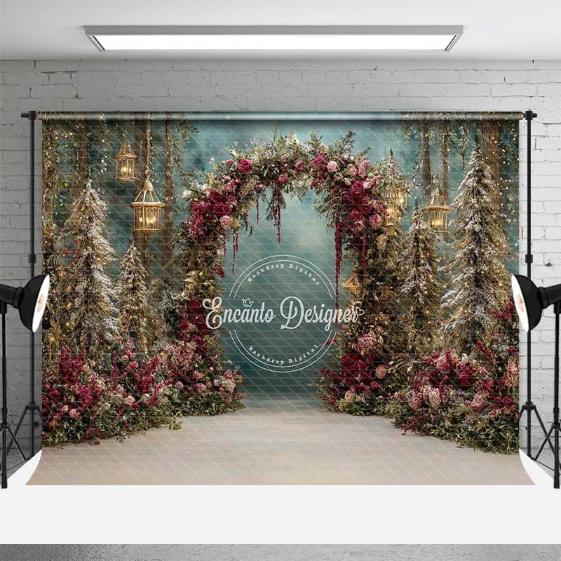 Aperturee Red Floral Forest Arch Backdrop, Outdoor Fantasy Prop, Winter Studio Background
