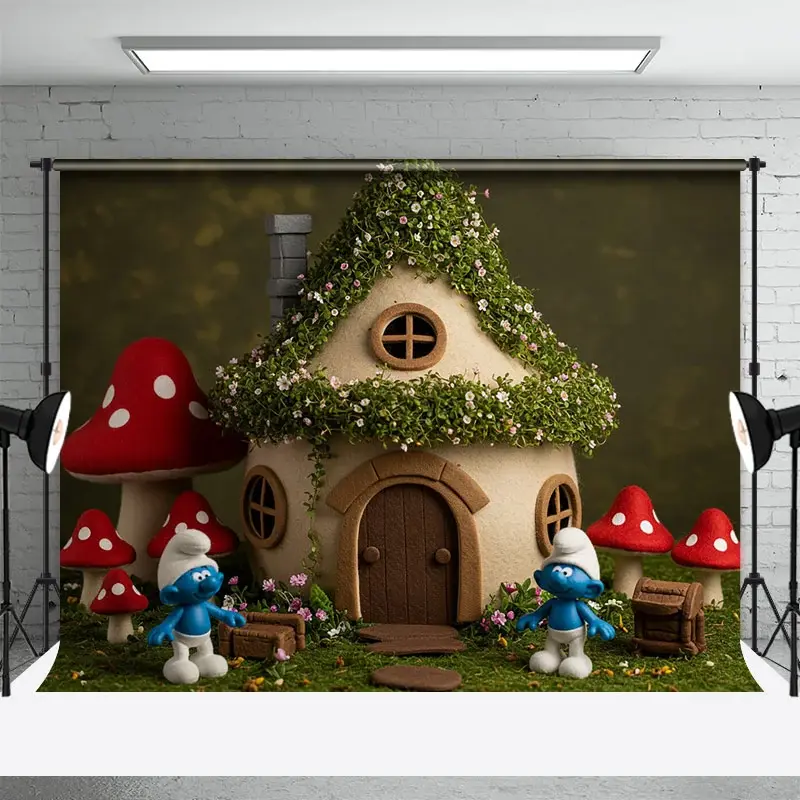 Aperturee Cartoon Mushroom House Elf Cute Cake Smash Backdrop, 3X2FT(1MX0.6M), 14 USD, birthday cake smash backdrops, ENHD4L47-M