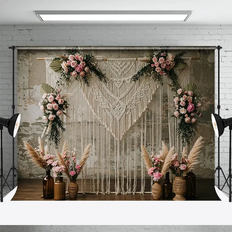 Aperturee Boho Woven Valance Floral Wedding Photo Backdrop, 3X2FT(1MX0.6M), 14 USD, wedding backdrops, ENHD4L77-M