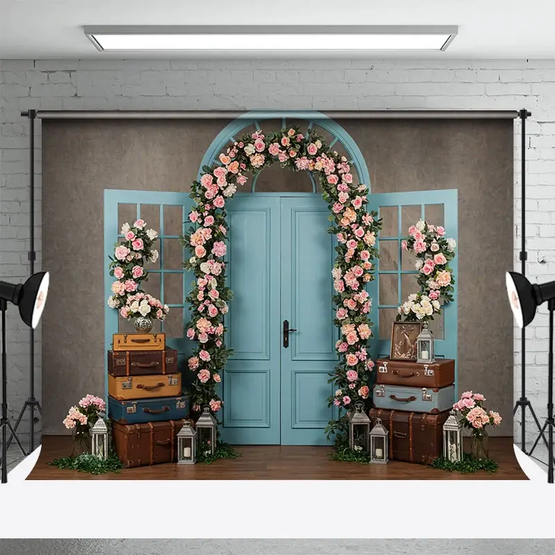 Aperturee Floral Wedding Blue Retro Door Photography Backdrop, 3X2FT(1MX0.6M), 14 USD, wedding backdrops, ENHD4L78-M