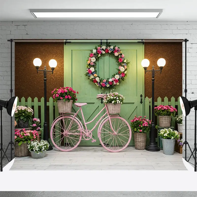 Aperturee Spring Street Lamp Wooden Green Door Photo Backdrop, 3X2FT(1MX0.6M), 14 USD, door and window backdrops, ENHD4L89-M