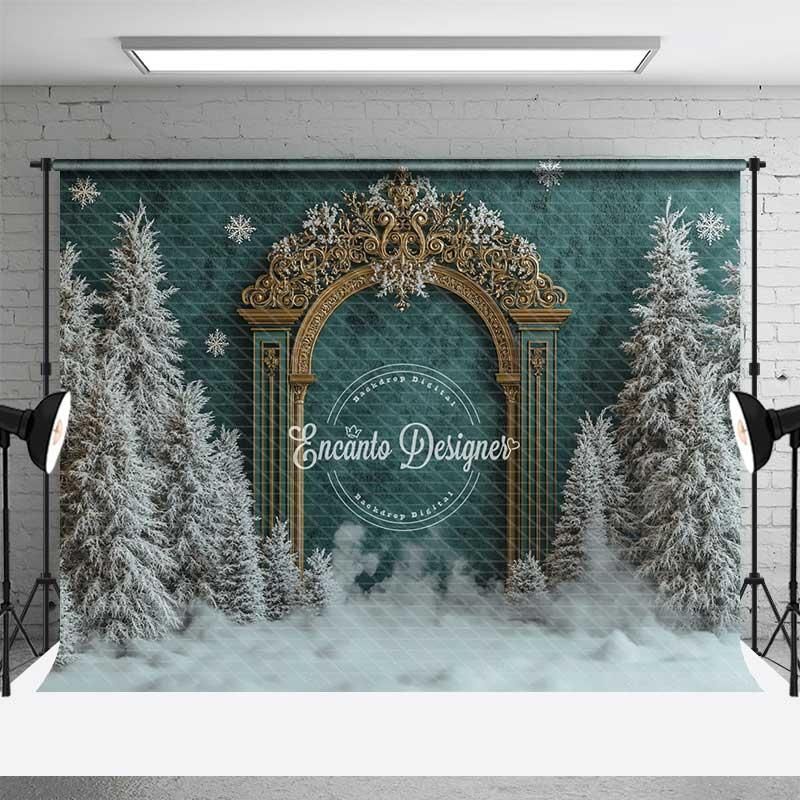 Aperturee Antique Gold Gate Christmas Backdrop, Vintage Studio Prop, Green Wall Background
