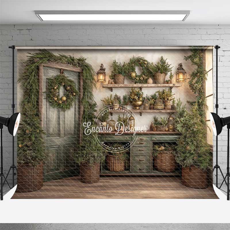 Aperturee Rustic Green Door Christmas Backdrop, Garden Shed Studio Prop, Wood Texture Background