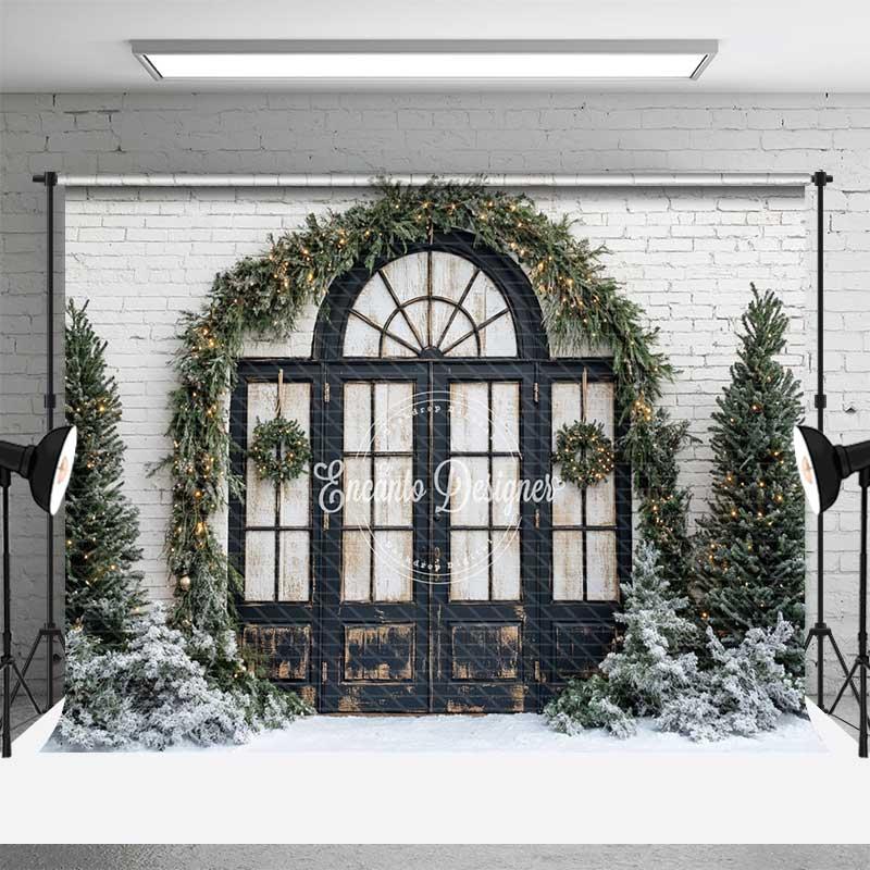 Aperturee Christmas Front Door Backdrop, Black Arched Window Wreath Pine Trees Lights Snow White Brick Background, Studio Zone