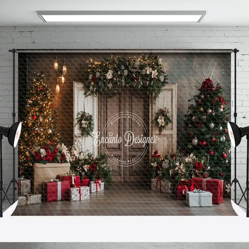 Aperturee Retro Door Trees Gifts Festive Christmas Backdrop | Diy Christmas Backdrop | Christmas Photoshoot Backgrounds | Christmas Photo Backdrop