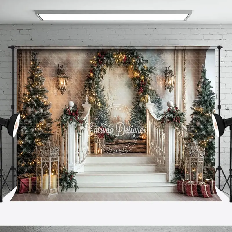 Aperturee Abstract Wall Christmas Wreath Stairs Photo Backdrop | Xmas Backdrop | Christmas Photo Booth Backdrop | Christmas Background Photography
