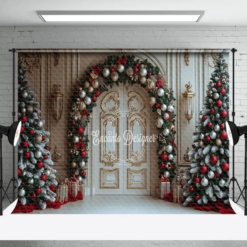 Aperturee White Golden Luxury Door Christmas Vibe Backdrop | Christmas Photo Booth Backdrop | Xmas Backdrop | Christmas Background Photography