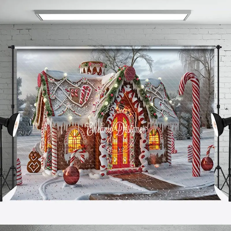 Aperturee Snowy Lighted Gingerbread House Christmas Backdrop | Christmas Backgrounds Fireplace | Christmas Scenic Backgrounds | Xmas Backdrop