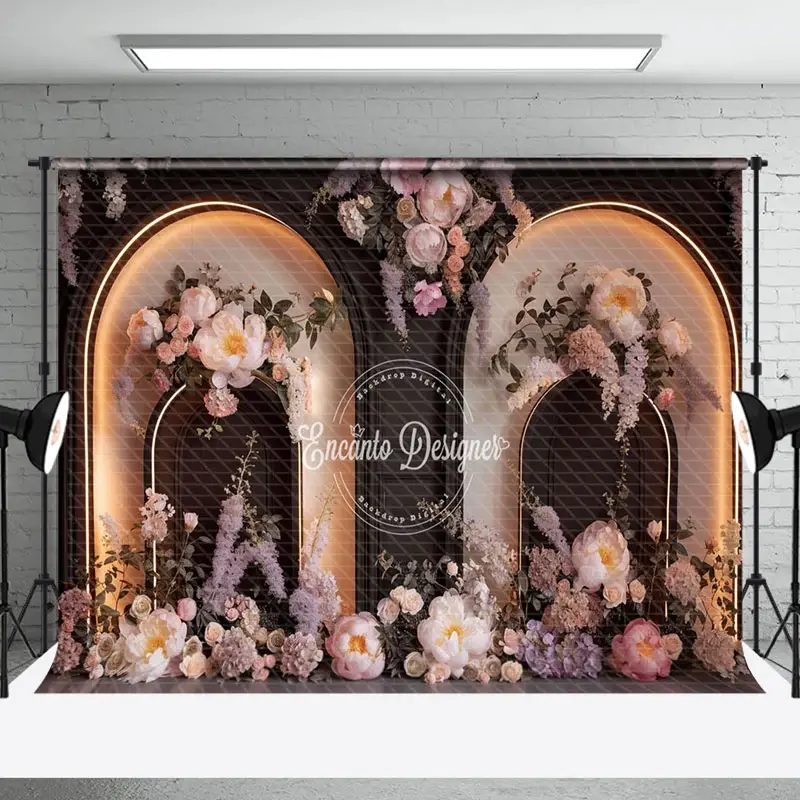 Aperturee Black Lighted Arch Wall Floral Wedding Photo Backdrop | Custom Rustic Wedding Backdrop | Wedding Stage Backdrop | Wedding Photo Backdrops