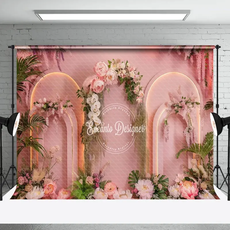Aperturee Romantic Pink Arch Floral Leaves Wedding Backdrop | Wedding Stage Backdrop | Wedding Photo Booth Backdrop | Custom Elegant Wedding Backdrop