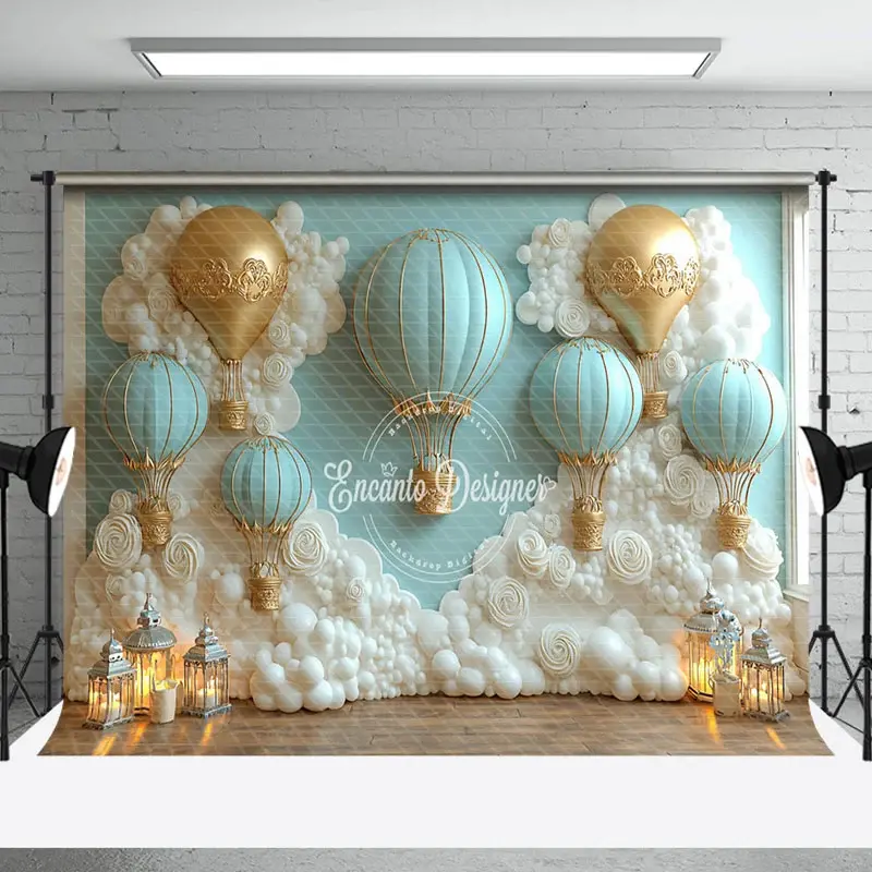 Aperturee White Floral Hot Air Balloon Cake Smash Backdrop | Photo Booth Background | Photo Studio Backdrop | Professional Photography Backdrop