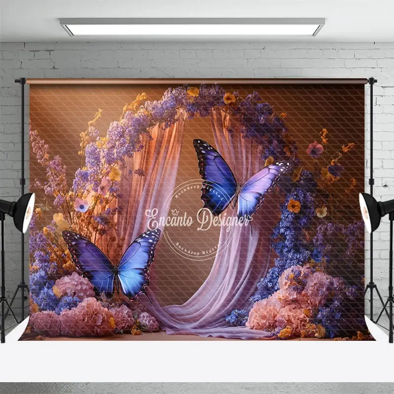 Aperturee Floral Arch Purple Butterfly Wedding Photo Backdrop, 3X2FT(1MX0.6M), 14 USD, wedding backdrops, ENHD5K22-M