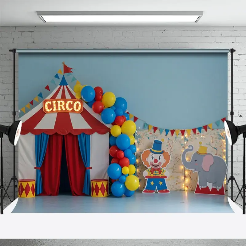Aperturee Clown Elephant Circo Circus Balloons Cake Smash Backdrop, 3X2FT(1MX0.6M), 14 USD, birthday cake smash backdrops, ENHD5K42-M