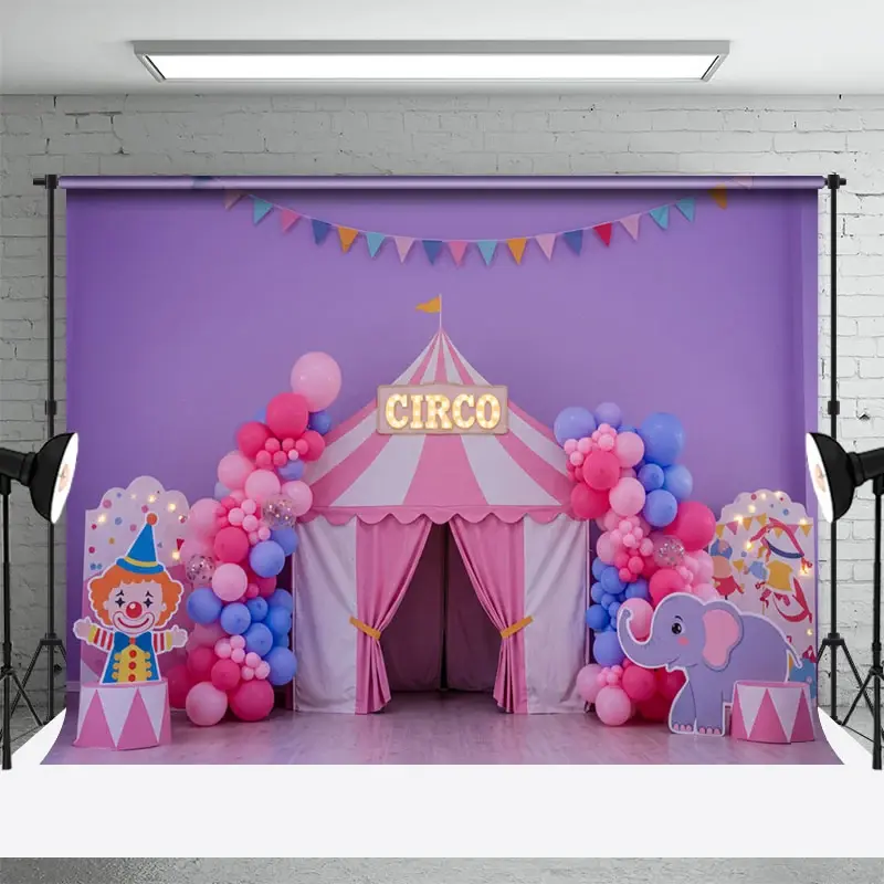 Aperturee Pink Purple Circo Circus Cake Smash Photo Backdrop, 3X2FT(1MX0.6M), 14 USD, birthday cake smash backdrops, ENHD5K43-M