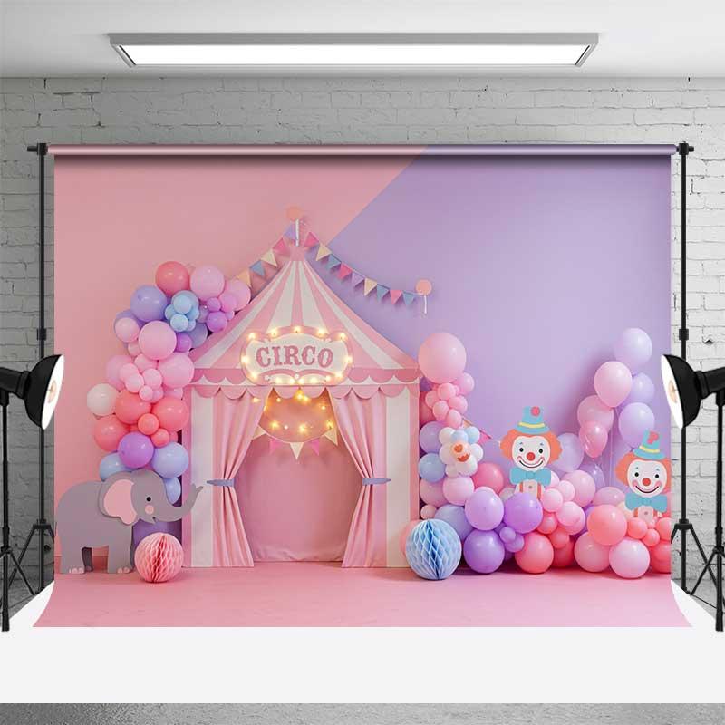 Aperturee Pastel Circus Cake Smash Photography Backdrop, Pink and Purple Tent with Balloons, Girl's First Birthday Photo Prop, 3X2FT(1MX0.6M), 14