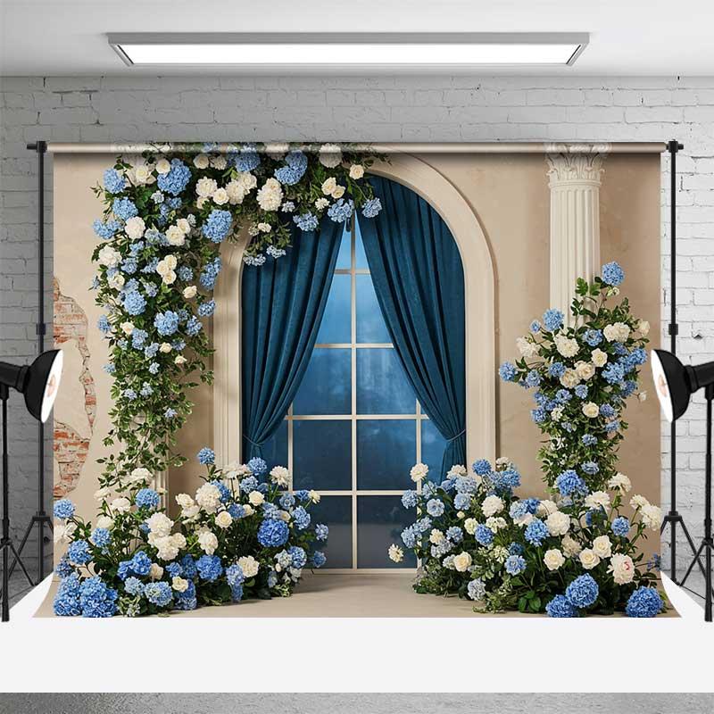 Aperturee Elegant Blue and White Floral Arch Window Photography Backdrop, Hydrangea and Rose Garland, Classic Wedding Prop, 3X2FT(1MX0.6M), 14