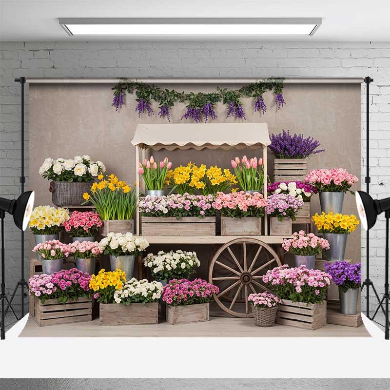 Aperturee Spring Flower Market Cart Photography Backdrop, Colorful Tulips and Roses, Rustic Garden Party Photo Prop Decor, 3X2FT(1MX0.6M), 14