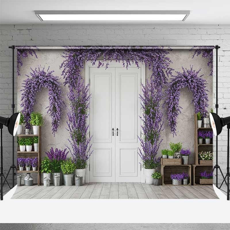 Aperturee Spring Doorway Photography Backdrop, Purple Lavender and Rustic White Door, French Countryside Studio Photo Prop, 3X2FT(1MX0.6M), 14