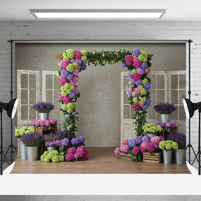 Aperturee Colorful Hydrangea Wedding Arch Photography Backdrop, Rustic Doors with Purple and Green Florals, Garden Photo Prop, 3X2FT(1MX0.6M), 14