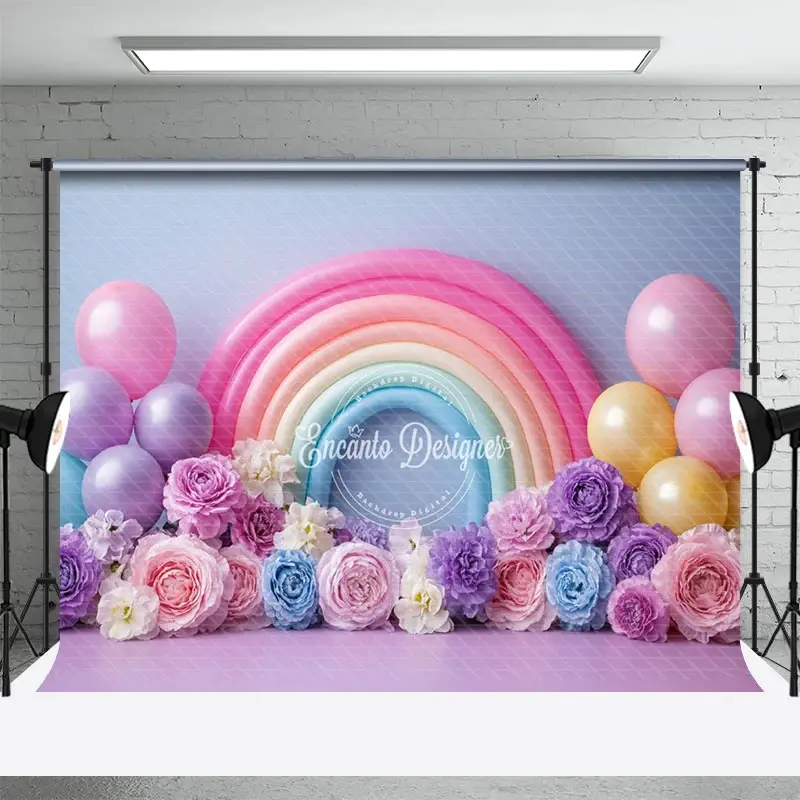 Aperturee Floral Balloons Rainbow Birthday Cake Smash Backdrop, 3X2FT(1MX0.6M), 14 USD, birthday cake smash backdrops, ENHD6K65-M