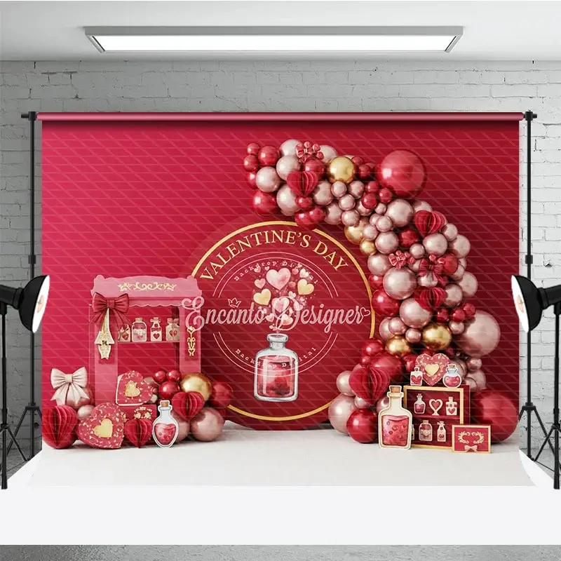 Aperturee Valentine Day Love Potion Backdrop Red Balloon Garland Magic Bottle Background Romantic Photography