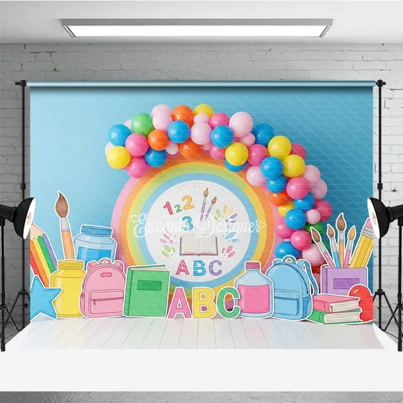 Aperturee Pastel Rainbow ABC 123 Back To School Backdrop Kindergarten Backpack Books Photography Background