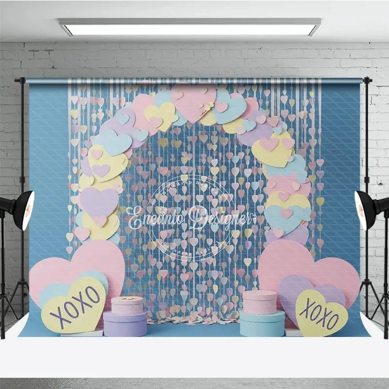 Aperturee Pastel Paper Hearts Valentine Day Backdrop Sweet Love XOXO Hanging Streamers Photography Background