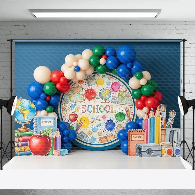 Aperturee Blue World Map Back To School Backdrop Apple Books Pencil Sharpener Balloon Photography Background