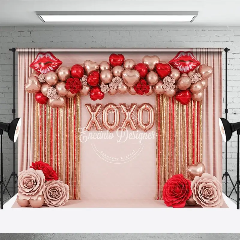 Aperturee Rose Gold XOXO Valentine Day Backdrop Red Lips Foil Balloons Tinsel Curtain Photography Background