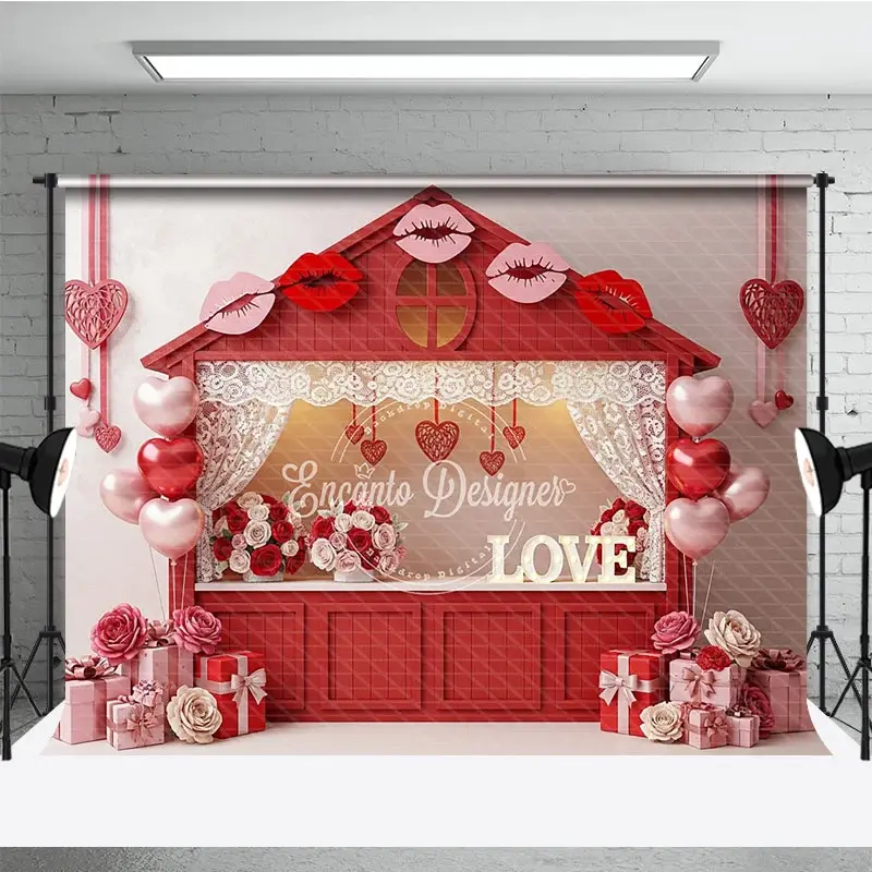 Aperturee Red House Kissing Booth Backdrop Lace Curtains Lips Balloons Photography Background Studio