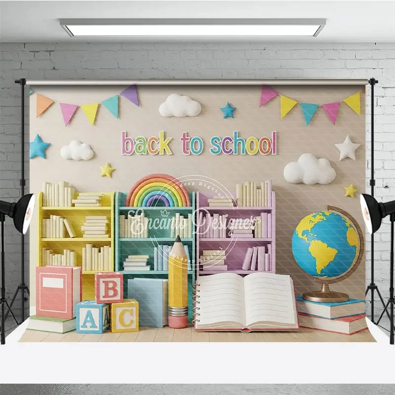 Aperturee Pastel Classroom Back To School Backdrop Bookshelves Globe Open Book Photography Background