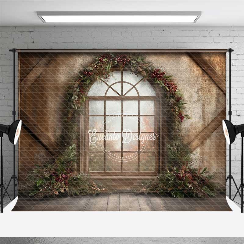 Aperturee Rustic Christmas Window Photography Backdrop, Winter Scene with Berry Wreath, Farmhouse Barn Wood Wall Photo Prop, 3x2ft (WxH), 14 USD, do