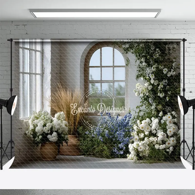 Aperturee Rustic Farmhouse Window Photography Backdrop, White and Blue Floral Decor, Spring Wedding Photo Background, 3x2ft (WxH), 14 USD, wedding b