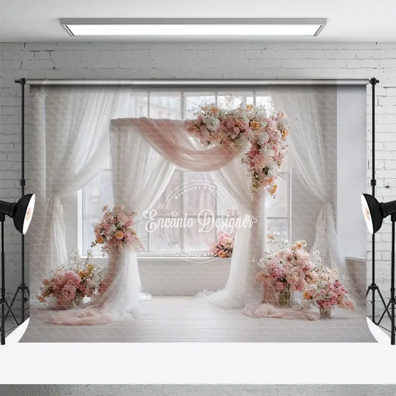 Aperturee Pink and White Floral Wedding Arch Photography Backdrop, Bright and Airy Decor, Romantic Indoor Ceremony Photo Booth, 3x2ft (WxH), 14 USD,