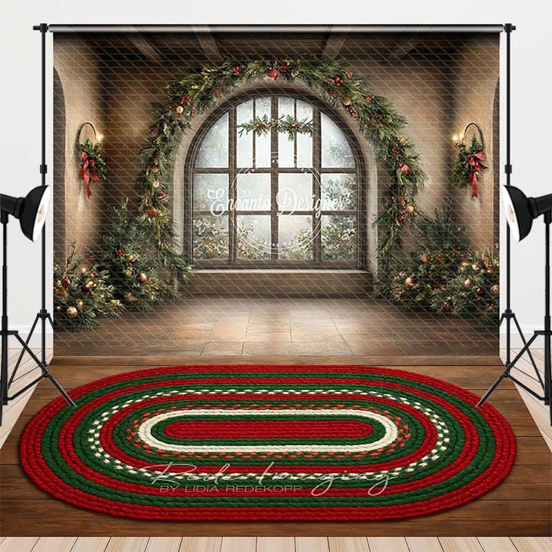 Aperturee Grand Christmas Window Combo Set Backdrop, Rustic Room with Holiday Garland, Festive Braided Rug Photo Floor, 7 x 5 ft / 7 x 5 ft
