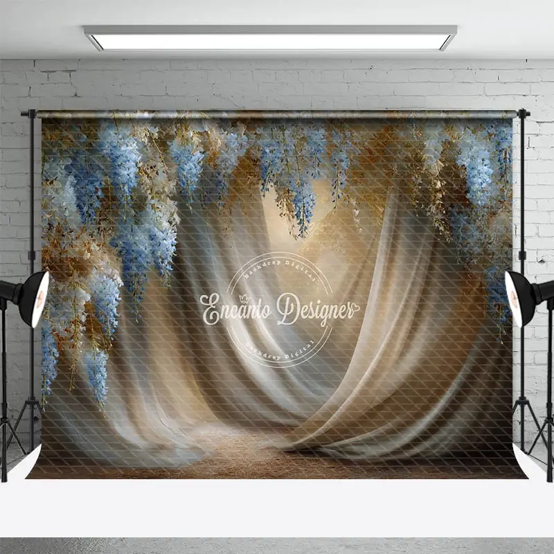 Aperturee Blue Wisteria and Gold Fabric Photography Backdrop, Painterly Floral Drapes, Elegant Maternity Photo Background, 3x2ft (WxH), 14 USD, mate