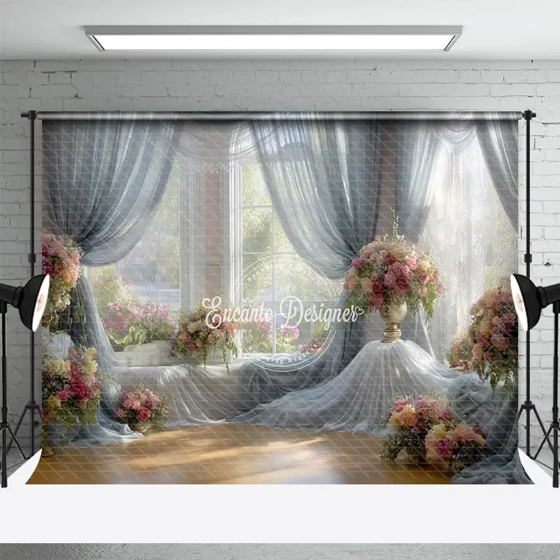 Aperturee Bright and Airy Ballroom Photography Backdrop, Sheer Drapes with Pink Floral, Romantic Wedding Background, 3x2ft (WxH), 14 USD, wedding ba
