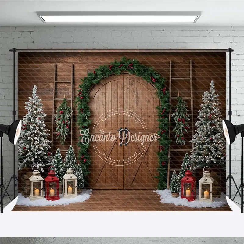 Aperturee Rustic Christmas Barn Door Photography Backdrop, Flocked Trees in Snow, Farmhouse Holiday Photo Background, 3x2ft (WxH)