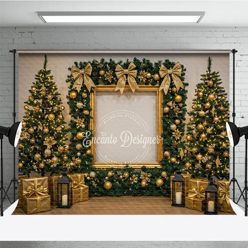 Aperturee All Gold Elegant Christmas Photography Backdrop, Gold Frame with Garland and Trees, Luxury Holiday Photo Background, 3x2ft (WxH)